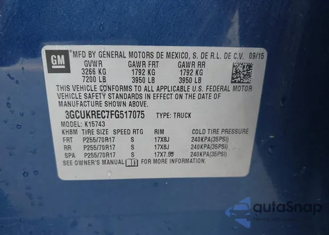 2015 Chevrolet Silverado 1500 1Lt from USA, damaged, VIN 3GCUKREC7FG517075